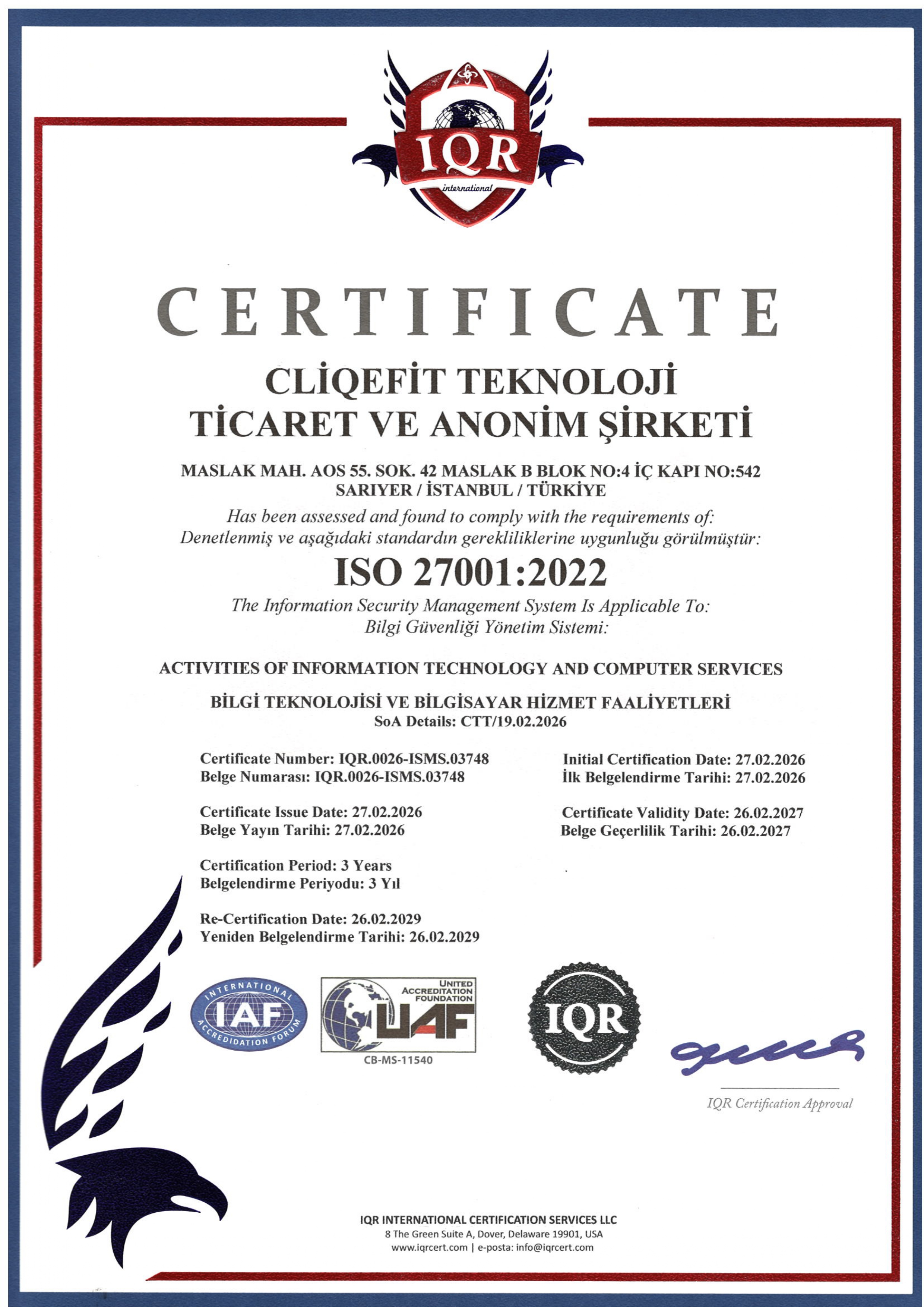 ISO 27001:2022 Bilgi Güvenliği Yönetim Sistemi Sertifikası