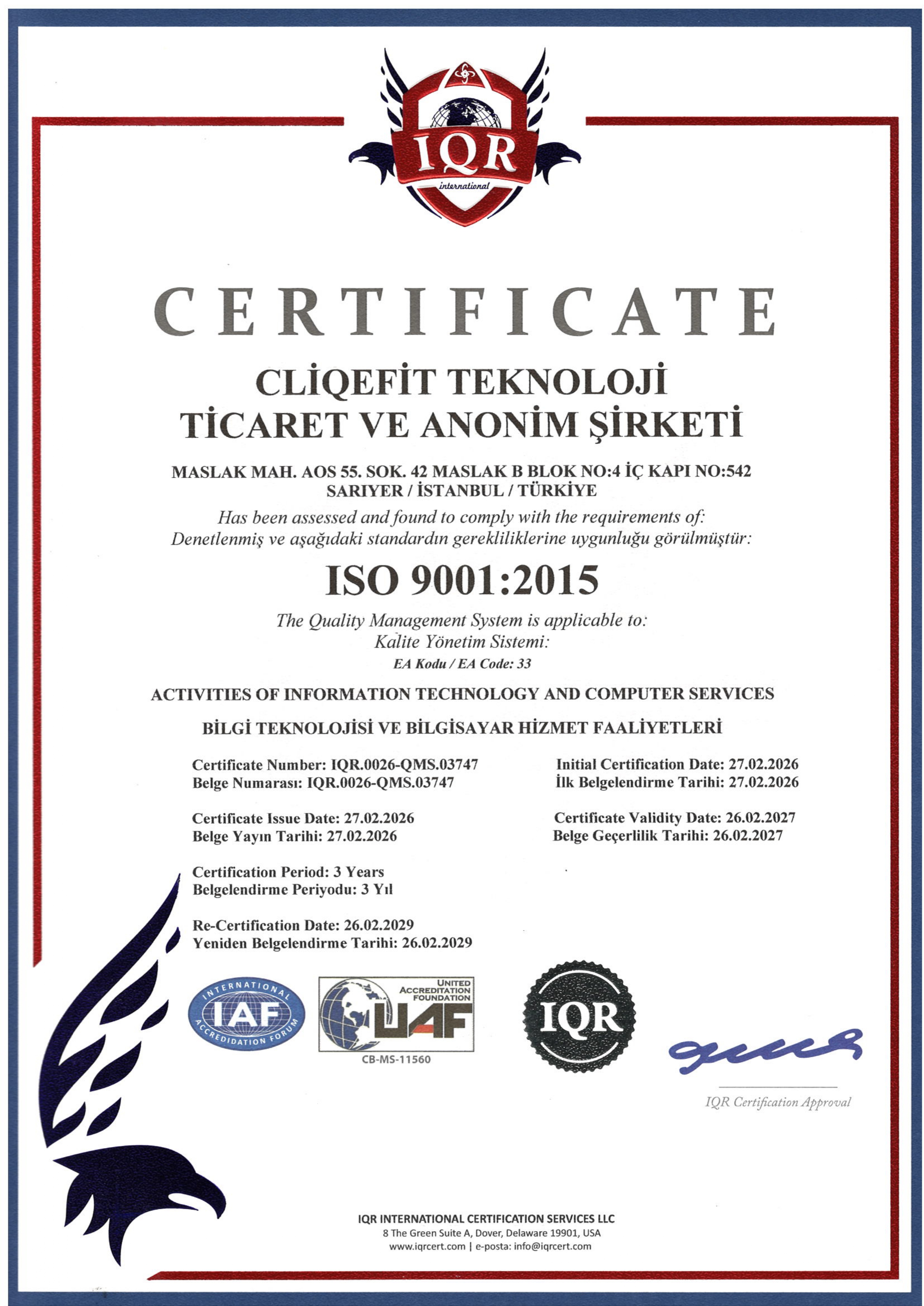 ISO 9001:2015 Kalite Yönetim Sistemi Sertifikası